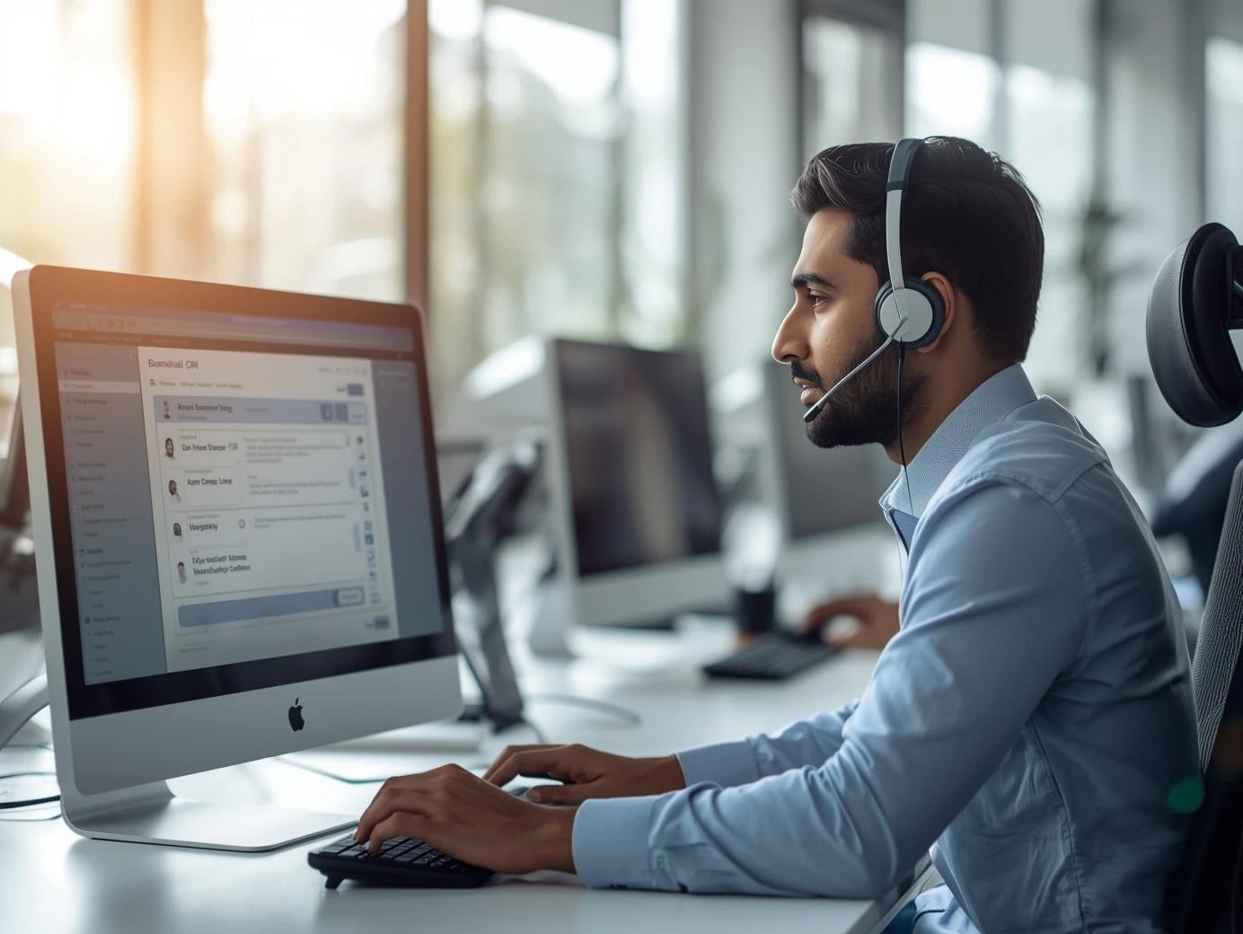Microsoft Dynamics Call Center – A Simple and Complete Guide for You 1 A realistic business office scene with a customer support agent talking on a headset while viewing CRM software